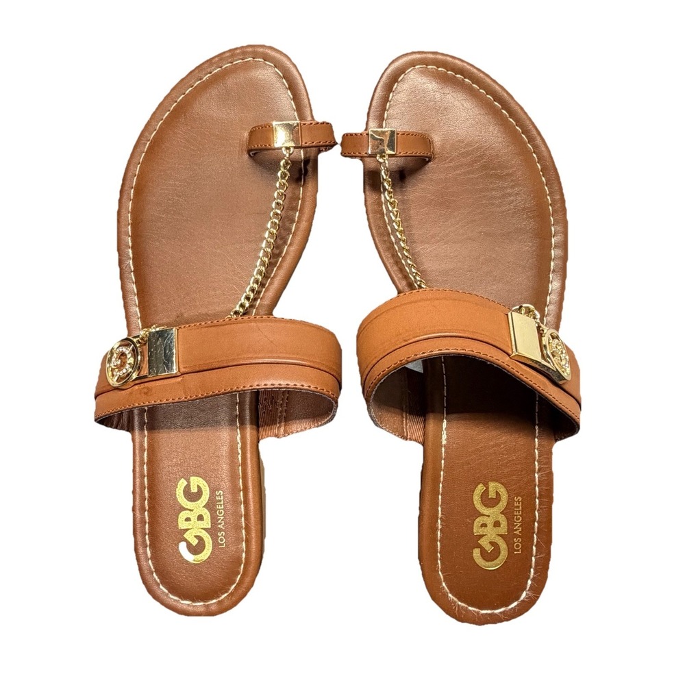GBG Los Angeles Women's Brown Toe Ring Sandals Gold‎ Chain Slides Size 8